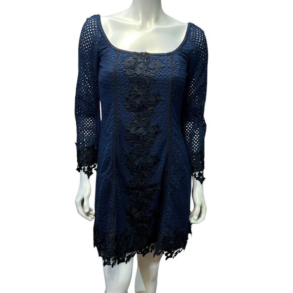 Sara Campbell Navy Blue Cotton Crochet Lace Dress Square Neck USA Made  Size S/M - Picture 2 of 16